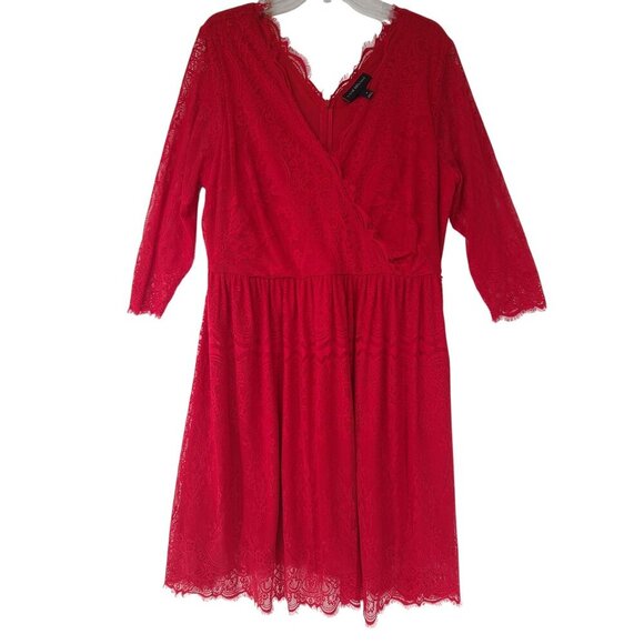 Lane Bryant Dresses & Skirts - Lane Bryant 18 Red Lace Surplice Sheath Dress 3/4 Sleeves Plus V-Neck Elegant